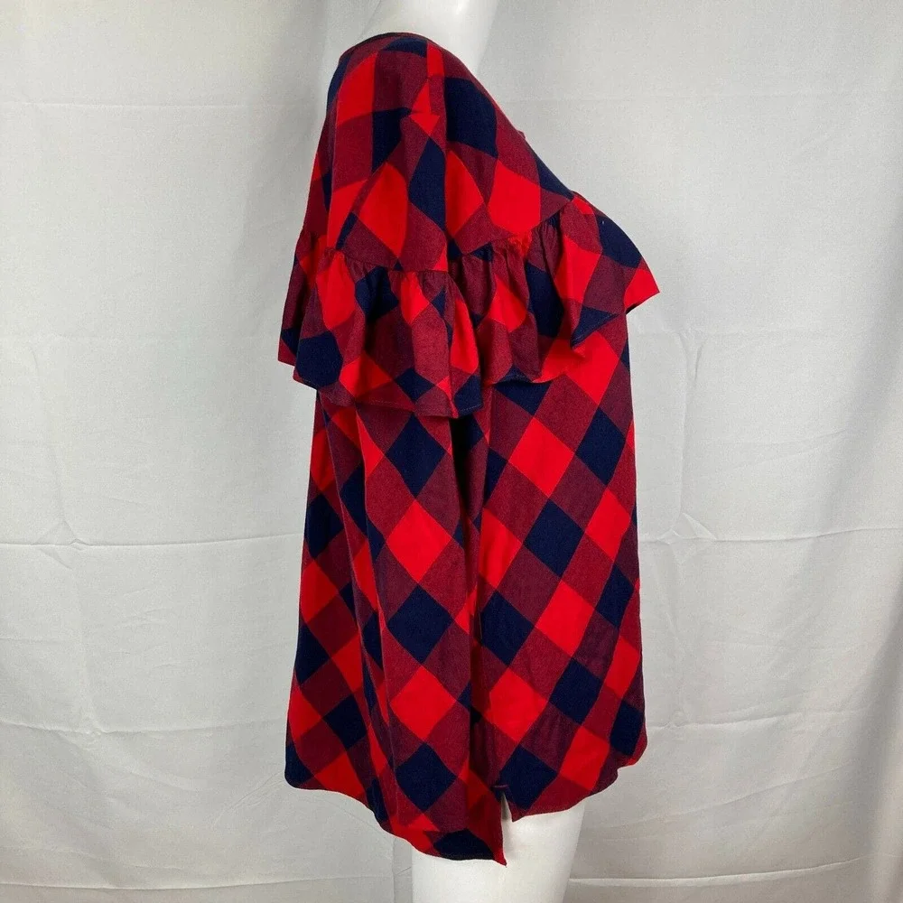 Crown & Ivy Shirt Womens Sz L Red Navy Blue Buffalo‎ Plaid Long Sleeve Ruffle